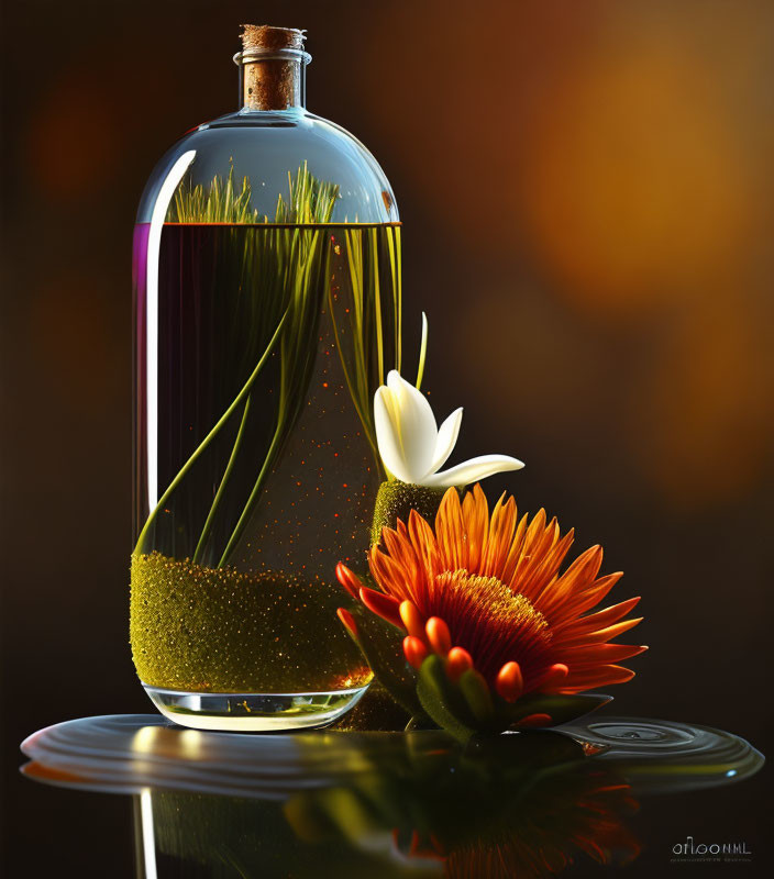 Glass bottle with green stems, white and orange flowers on reflective surface against warm backdrop