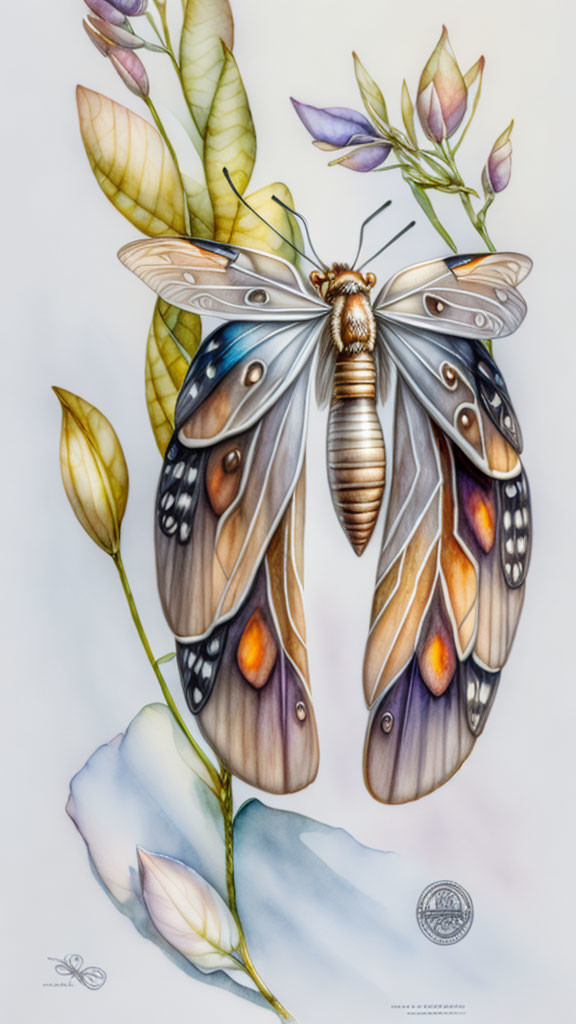 Detailed illustration of a translucent-winged moth on foliage in soft colors