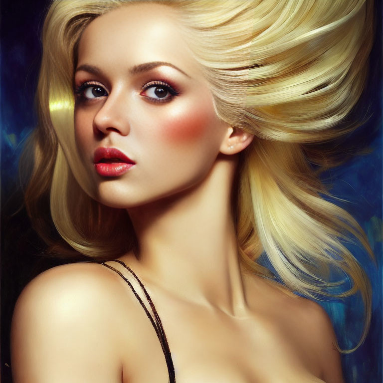 Blonde woman with striking makeup on dark blue background