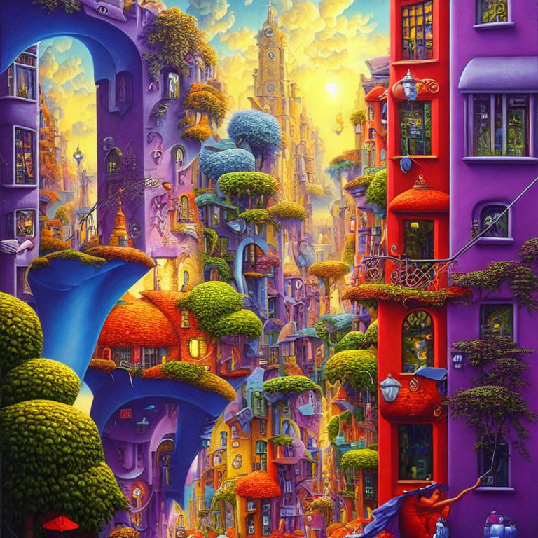 Colorful surreal cityscape with whimsical curved buildings and lush greenery