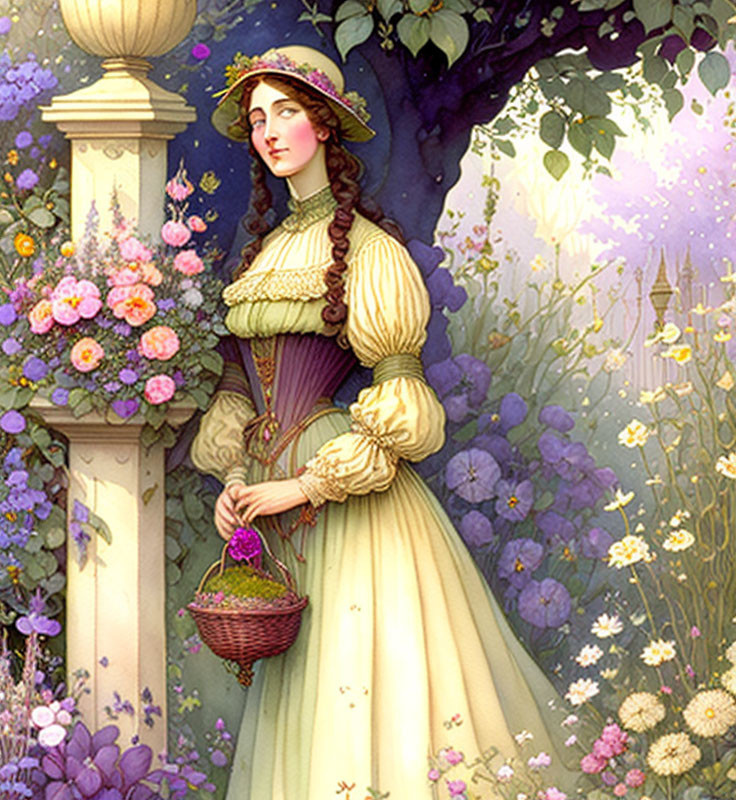 Woman in vintage dress and bonnet with basket among blooming flowers.