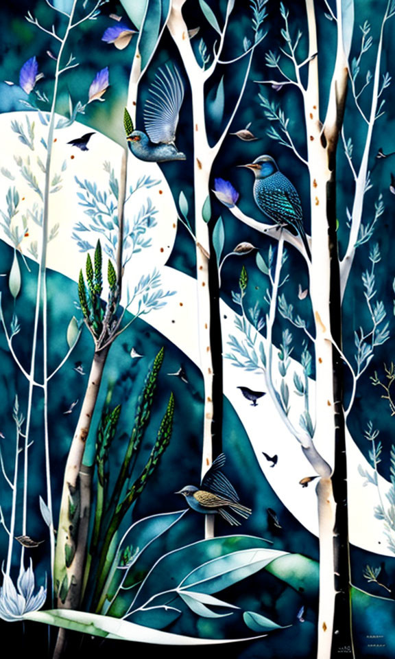 Birds Flying Among White Trees and Blue Flowers Illustration