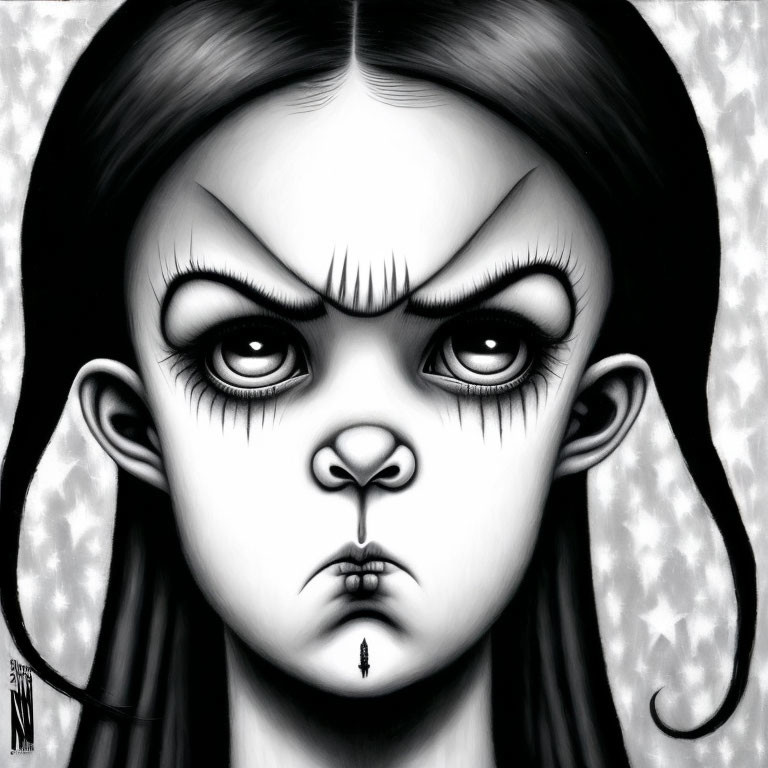 Monochrome drawing of a girl with large eyes and stern expression