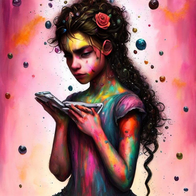 Serious young girl surrounded by vibrant paint splatters and colorful spheres