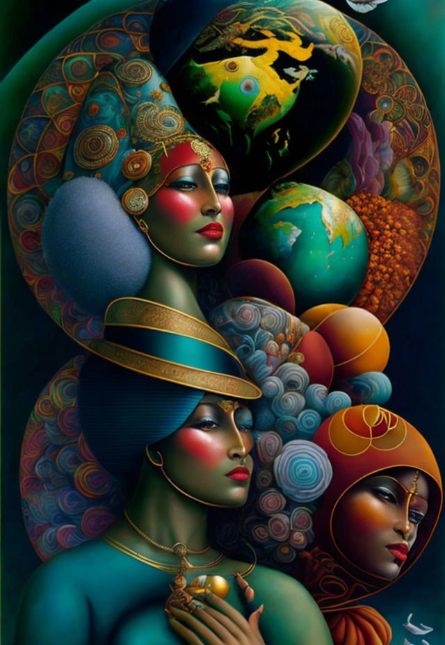 Surreal artwork: Three stylized women's faces with celestial and Earth elements