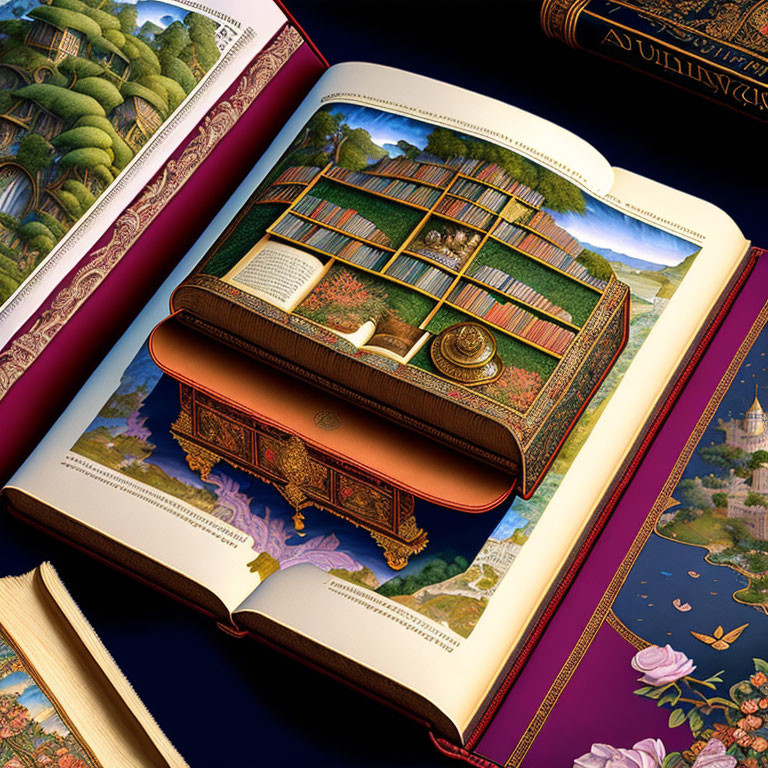 Illustrated book page: Vibrant 3D garden scene with ornate borders