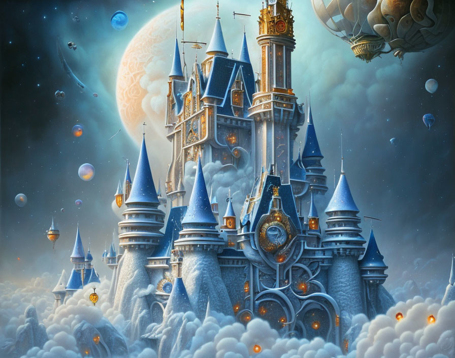 Fantastical castle on clouds with giant moon and airship in sky