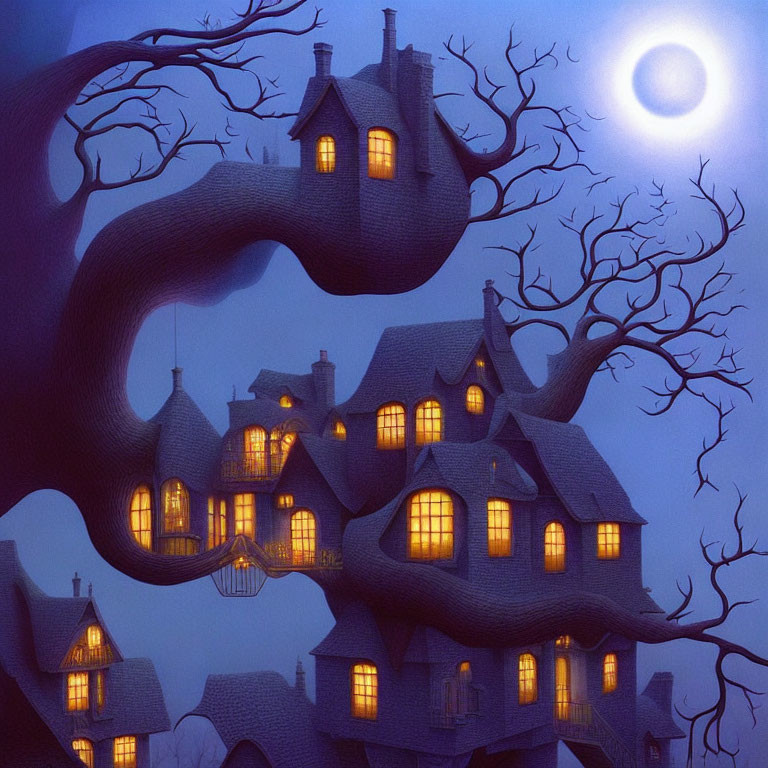 Nighttime scene with glowing houses and twisted trees under full moon