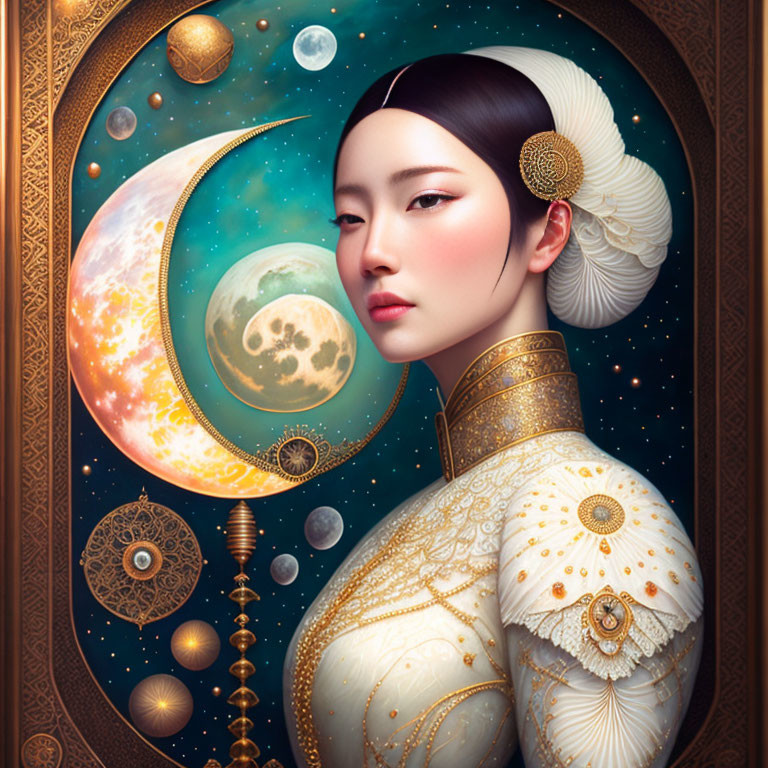 Celestial-themed stylized portrait of a woman with moons and stars in ornate attire