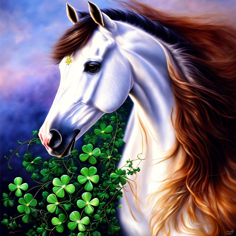 White Horse Painting with Flowing Mane and Green Clover Leaves on Purple and Blue Background