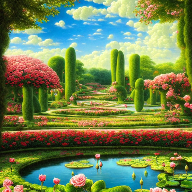 Tranquil garden with topiaries, vibrant flowers, and serene pond