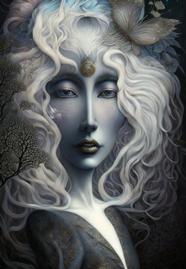 Digital Art: Woman with Pale Skin and White Hair, Circular Headpiece, Butterfly, Trees on Dark