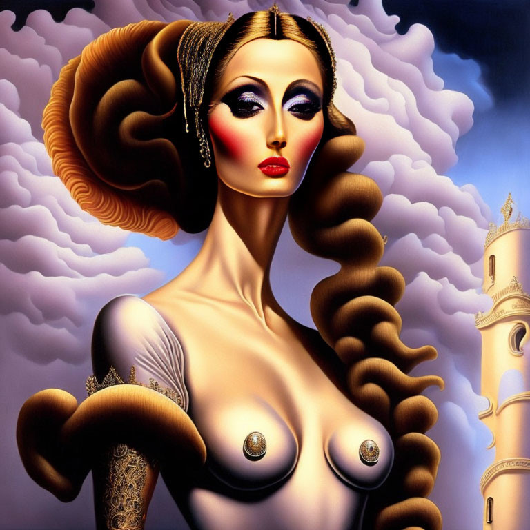 Surreal portrait featuring stylized woman with exaggerated features and castle-like structures