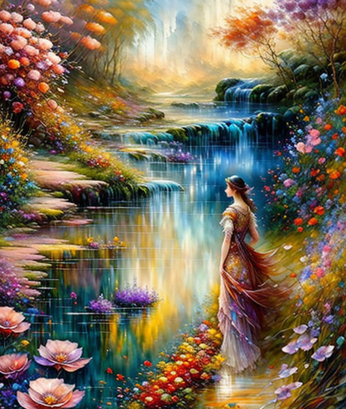 Woman in flowing dress by vibrant stream in mystical forest