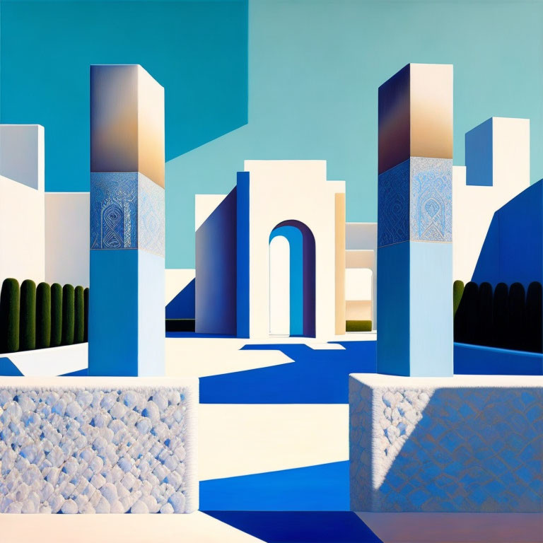 Colorful digital artwork featuring stylized architectural forms and geometric shapes in blue, white, and tan with