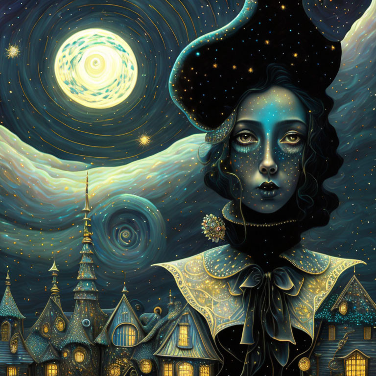 Fantastical portrait of a woman with galaxy hair and cosmic cityscape.