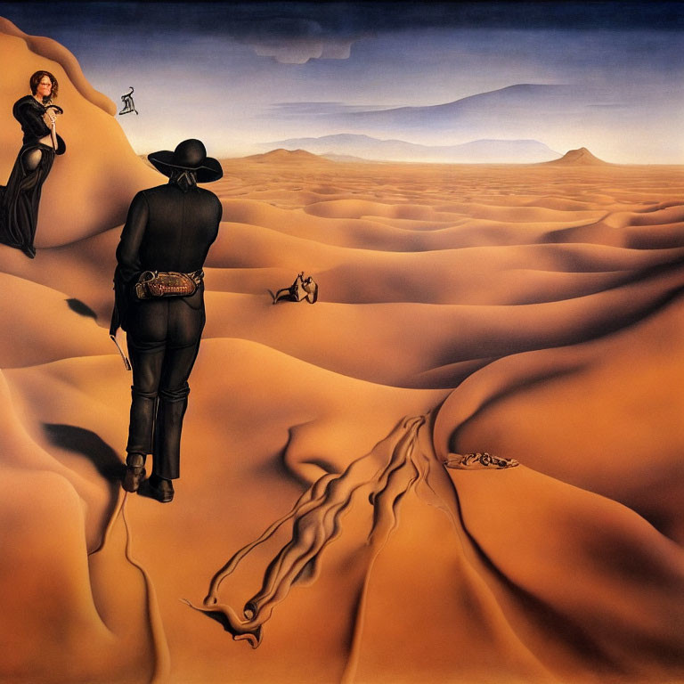 Surreal desert landscape with melting clocks and figure in wide-brimmed hat