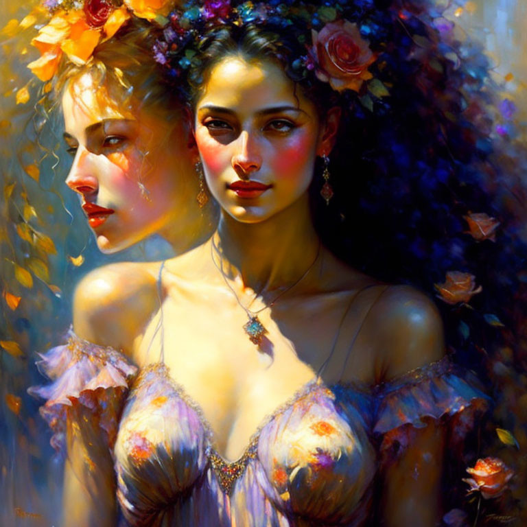 Two women in elegant dresses with flower-adorned hair in soft, impressionistic style.