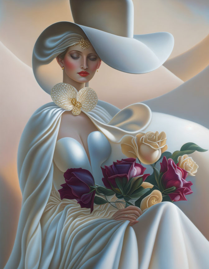 Sophisticated woman with wide-brimmed hat and pearls holding roses