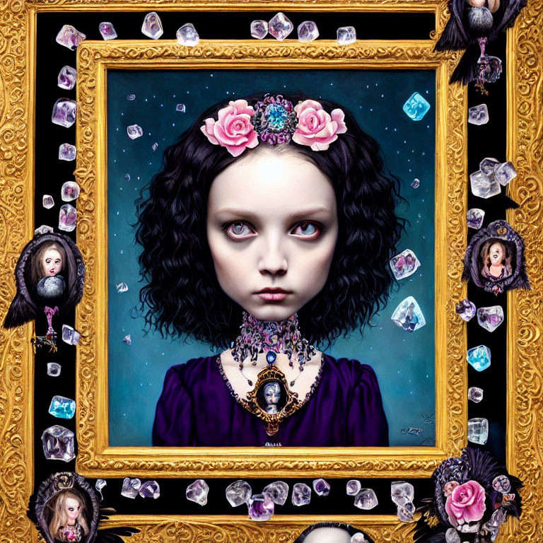 Portrait of girl with big eyes and black hair in ornate golden frame surrounded by floating heads, roses