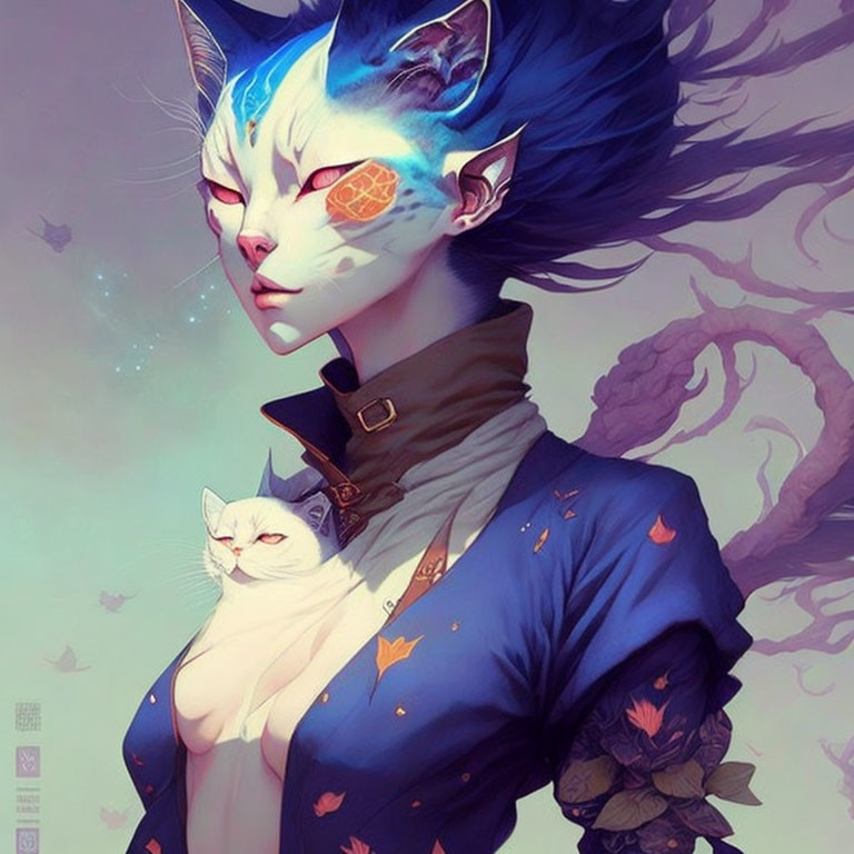 Stylized artwork of person with cat-like face, blue hair, navy outfit, holding white cat