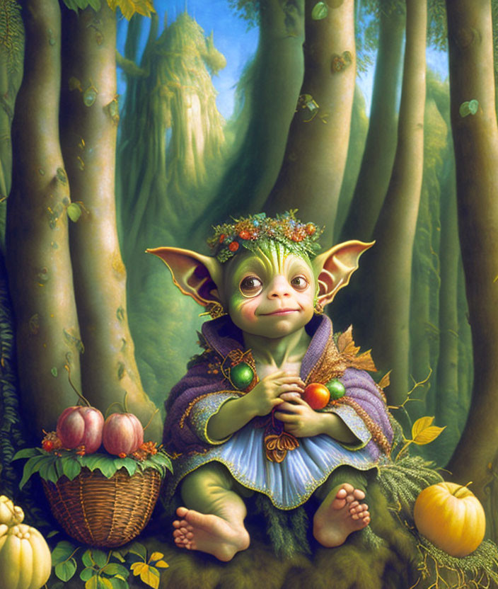 Illustration of small green forest creature with apples and pumpkin among trees