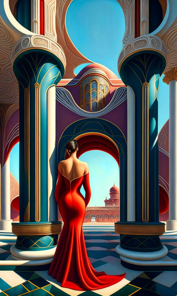 Woman in Red Dress in Ornate Palatial Corridor with Blue Columns and Dome View