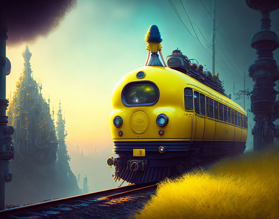 Vintage yellow train on elevated tracks in mystical foggy city