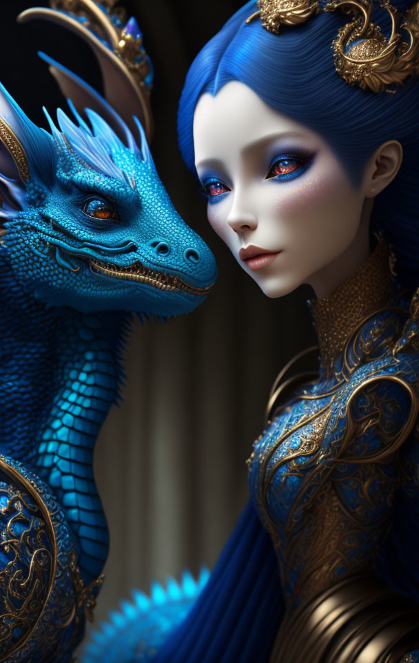 Digital Artwork: Woman with Blue Hair and Gold Armor Next to Blue Dragon