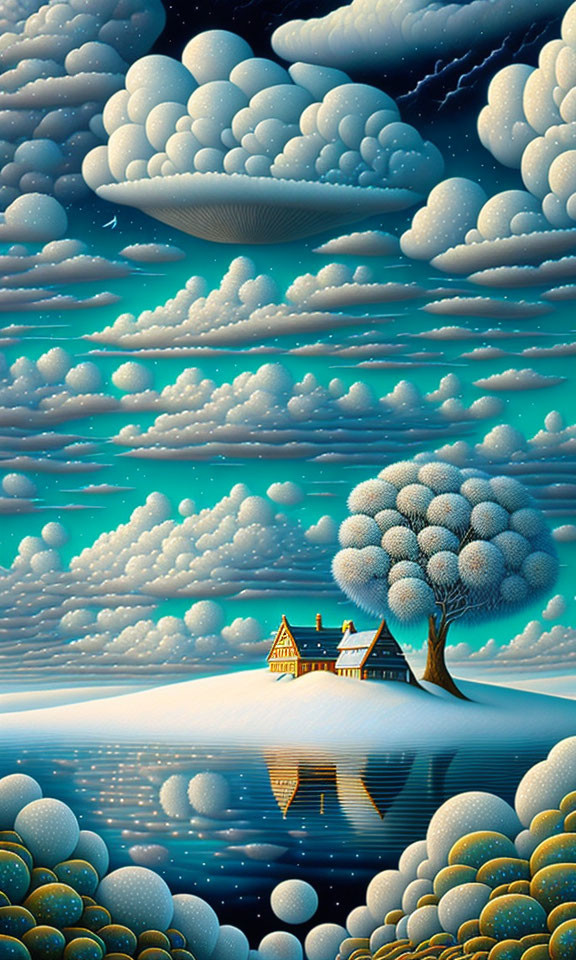 Surreal landscape with stylized clouds, lone tree, small house in smooth, rounded aesthetic