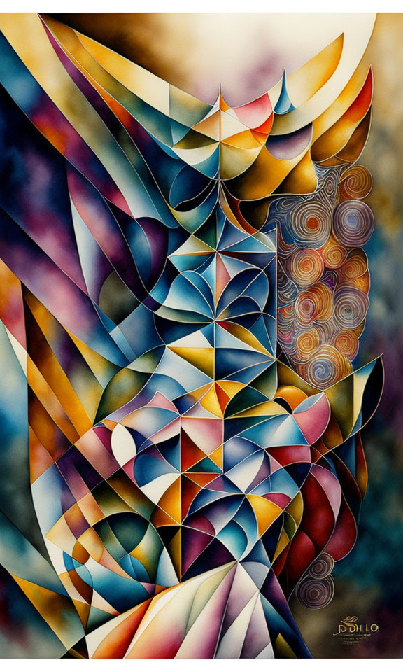 Vibrant geometric shapes in abstract art against patterned backdrop