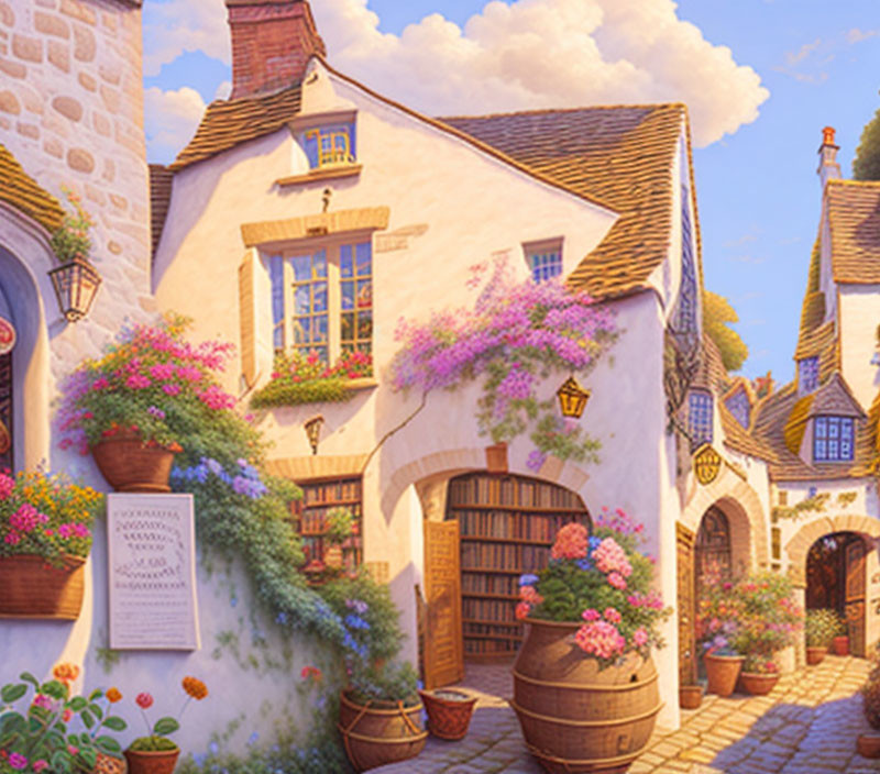 Charming village street with cottage, flower baskets, sunny sky