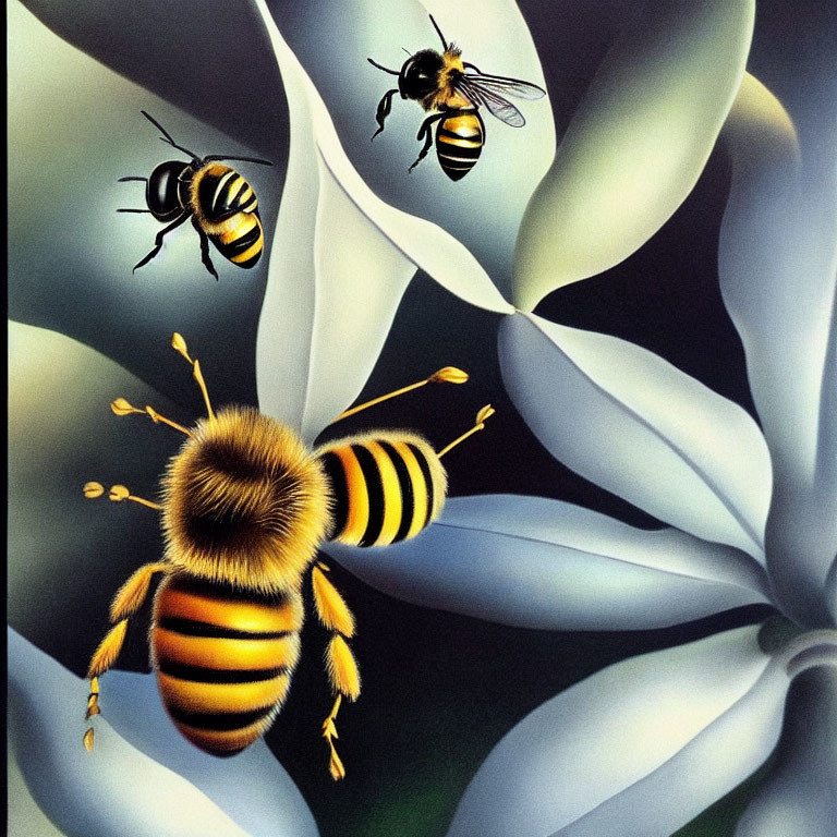 Detailed bees with intricate wings and fuzzy bodies on white flowers in soft gray background