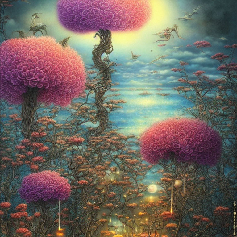 Vibrant pink brain-like trees in ethereal landscape