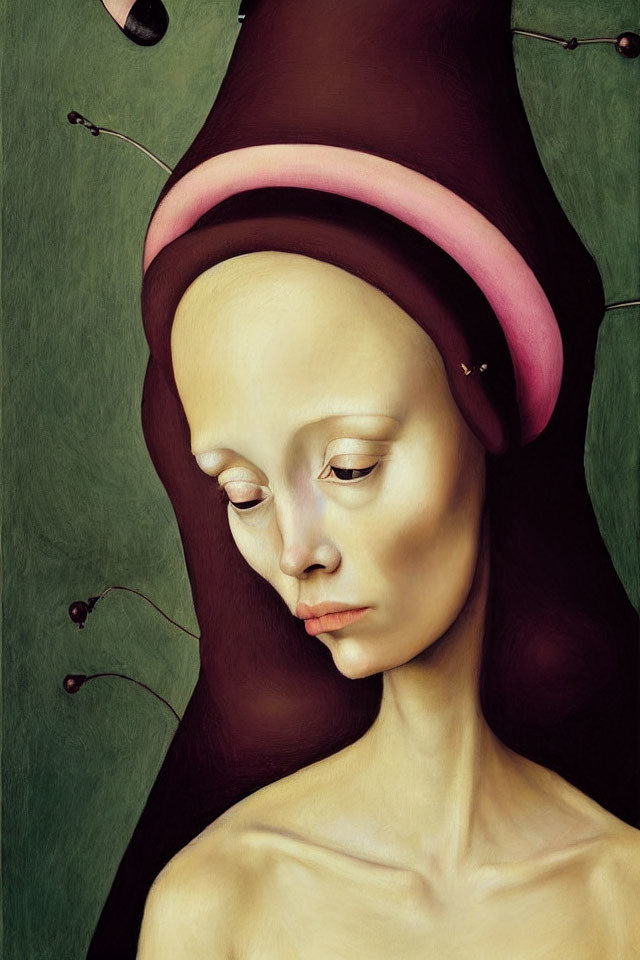 Surreal painting: melancholic female figure with elongated features and tall hat on green background.