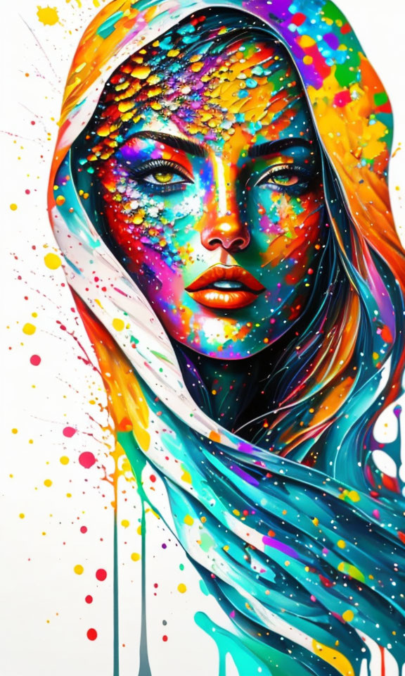 Colorful portrait of a woman with a scarf in vibrant rainbow hues