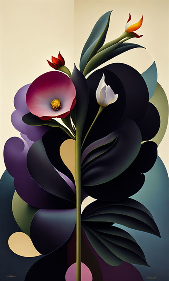 Stylized painting of elegant plant with purple leaves and colorful blooms