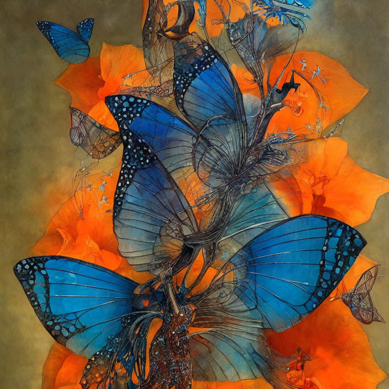 Colorful digital artwork: Blue butterflies on orange flowers with golden background