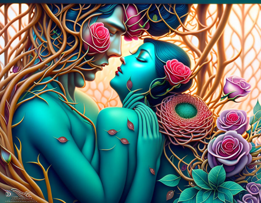 Illustration of entwined figures with blue and green skin, roses, vines, and a bird