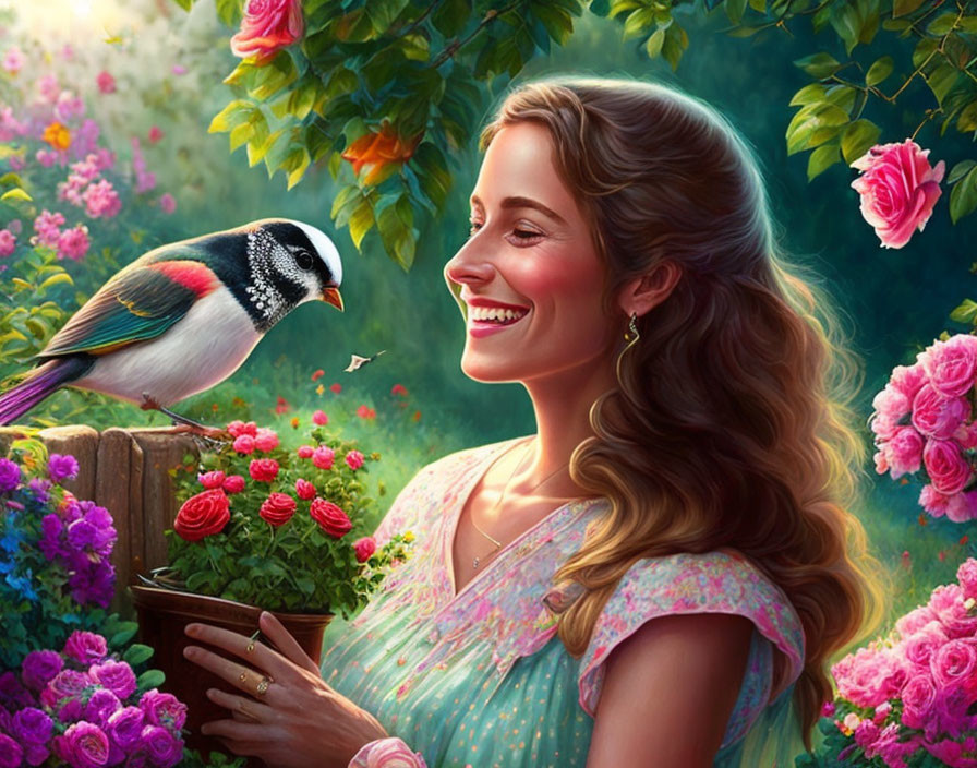 Smiling woman with book and colorful bird in rose garden