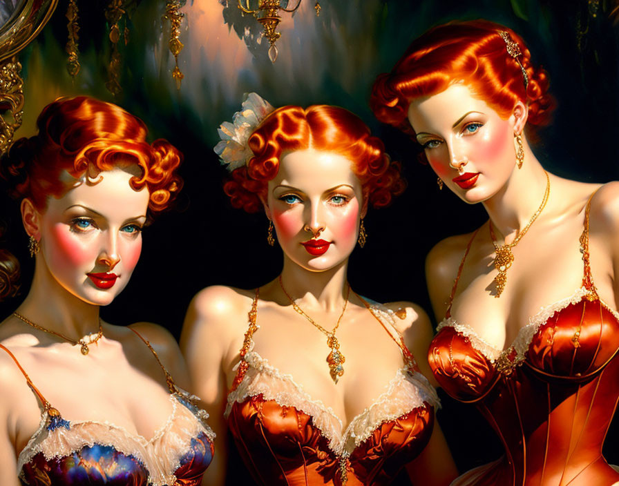 Vintage Hairstyles and Elegant Gowns: Glamorous Painting of Three Women