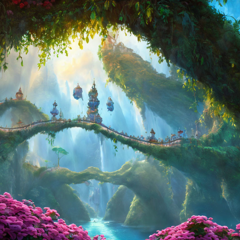 Fantastical landscape with floating temples, lush cliffs, waterfalls, pink flowers, and sunlight rays