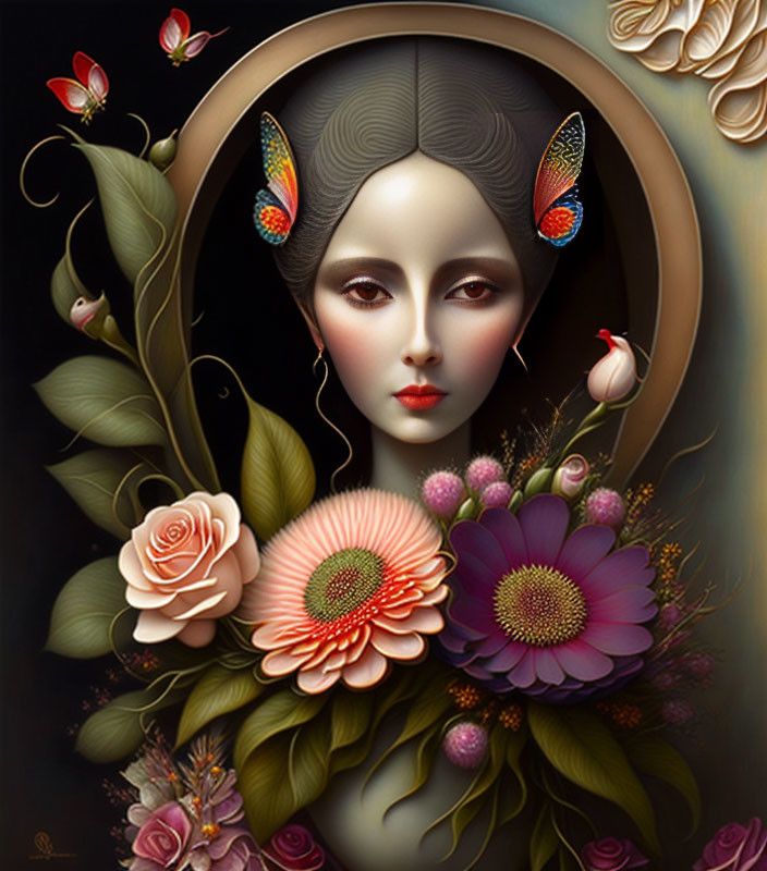 Serene woman portrait with floral elements and butterflies on dark background