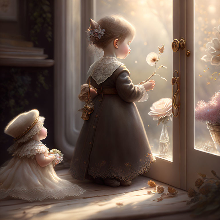 Young girl in vintage dress holding dandelion by sunlit window with doll.