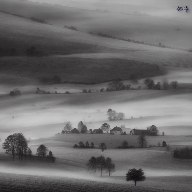 Serene monochrome landscape with mist, hills, trees, and buildings