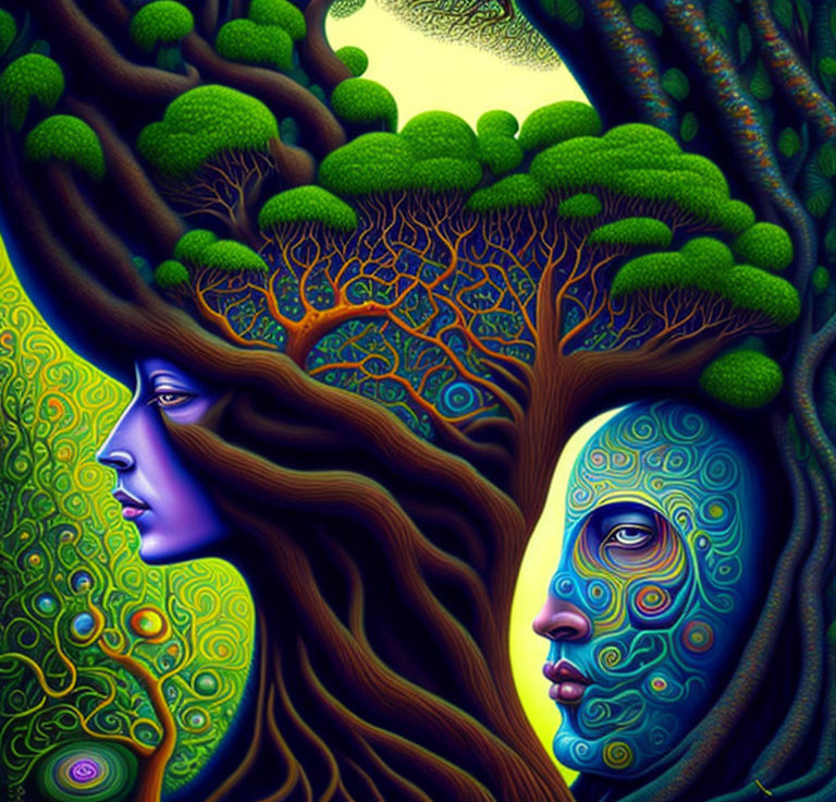 Colorful surreal illustration: Tree-like faces with intricate patterns