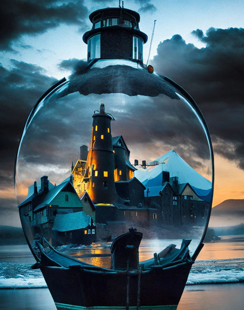 Surreal image of glass-encased lighthouse and village with boat and sea in twilight sky