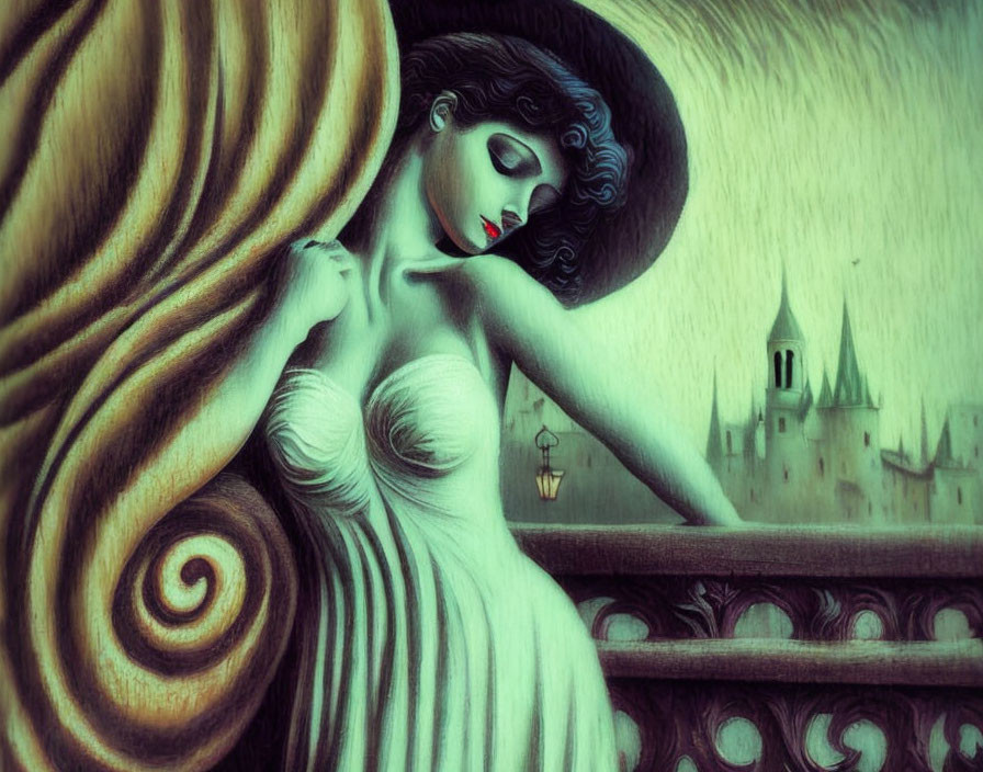 Stylized painting of woman on balcony with shell overlooking town