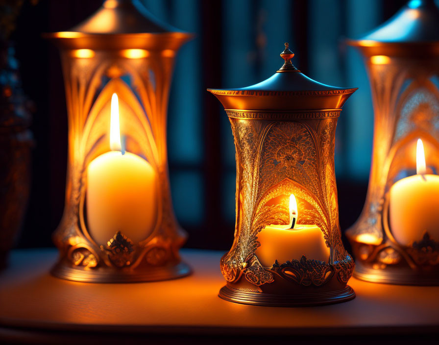 Intricate patterned lantern illuminating candles on dark blue background