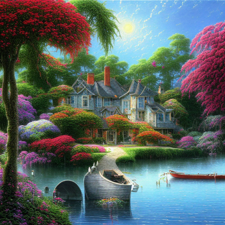 Victorian-style house surrounded by lush gardens and serene lake with boats and stone bridge.